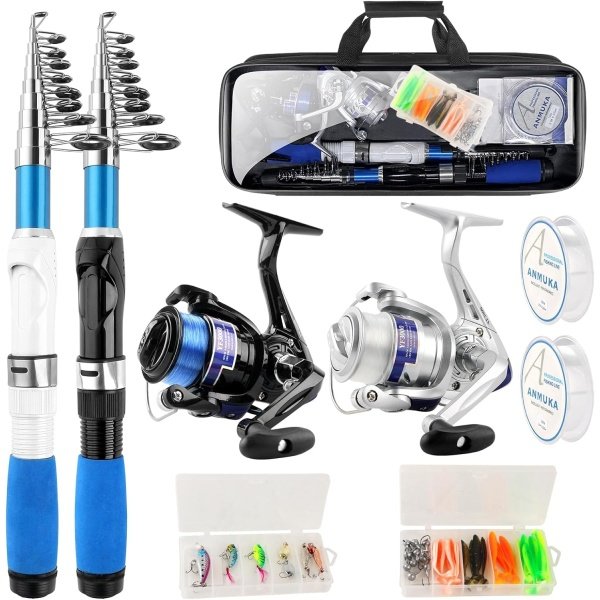 Fishing Rod and Reel Combo,2PCS 2.1M/6.89FT Collapsible Fishing Rod Set with 2PCS Spinning Reels 2 Set of Lures Baits 2PCS 100m Lines and a Carrier Bag,Fishing Pole Kit for Saltwater Freshwater