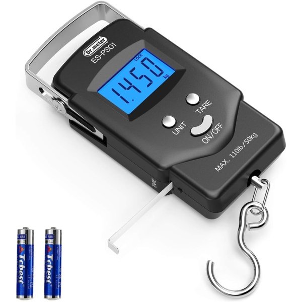 Dr.meter Fish Scale - PS01 110lb/50kg Backlit LCD Display Digital Scale with Built-in Measuring Tape - Fishing Scale with 2 AAA Batteries, Pocket Size - Fishing Gifts for Men
