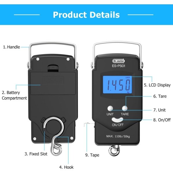 Dr.meter Fish Scale - PS01 110lb/50kg Backlit LCD Display Digital Scale with Built-in Measuring Tape - Fishing Scale with 2 AAA Batteries, Pocket Size - Fishing Gifts for Men - Imagen 2