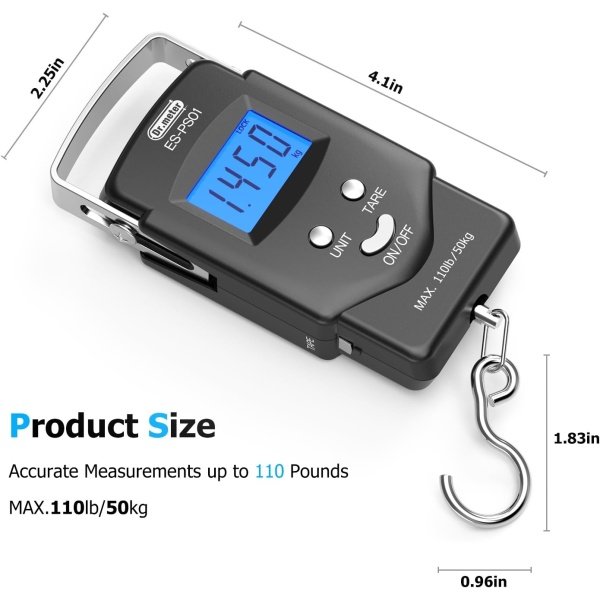 Dr.meter Fish Scale - PS01 110lb/50kg Backlit LCD Display Digital Scale with Built-in Measuring Tape - Fishing Scale with 2 AAA Batteries, Pocket Size - Fishing Gifts for Men - Imagen 5
