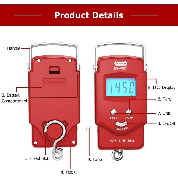 Dr.meter Fish Scale - PS01 110lb/50kg Backlit LCD Display Digital Scale with Built-in Measuring Tape - Fishing Scale with 2 AAA Batteries, Pocket Size - Fishing Gifts for Men - Imagen 9