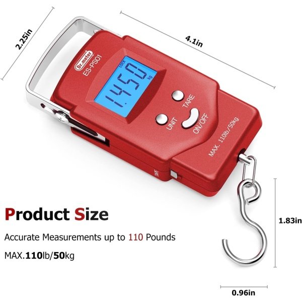 Dr.meter Fish Scale - PS01 110lb/50kg Backlit LCD Display Digital Scale with Built-in Measuring Tape - Fishing Scale with 2 AAA Batteries, Pocket Size - Fishing Gifts for Men - Imagen 12
