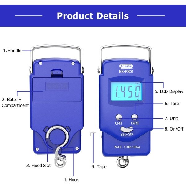 Dr.meter Fish Scale - PS01 110lb/50kg Backlit LCD Display Digital Scale with Built-in Measuring Tape - Fishing Scale with 2 AAA Batteries, Pocket Size - Fishing Gifts for Men - Imagen 18