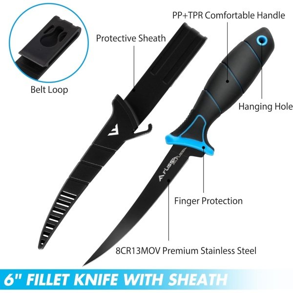 FLISSA Fishing Tool Kit, Fish Gripper with Scale, Braided Line Scissors, Fish Fillet Knife/Muti-Function Fishing Pliers/Fish Hook Remover, Saltwater Resistant Fishing Gear with Safety Coiled Lanyard - Imagen 4