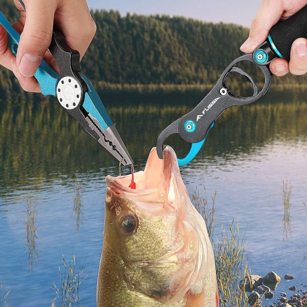 FLISSA Fishing Tool Kit, Fish Gripper with Scale, Braided Line Scissors, Fish Fillet Knife/Muti-Function Fishing Pliers/Fish Hook Remover, Saltwater Resistant Fishing Gear with Safety Coiled Lanyard - Imagen 7