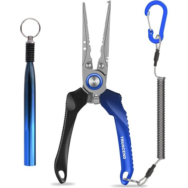 TRUSCEND Lockable Handy Fishing Pliers with Innovative Ergonomic Handle, Saltwater Corrosion Resistant Teflon Coated Fishing Tool, Multi-Function Fishing Gear with Mo-V Cutter, Amazing Fishing Gift