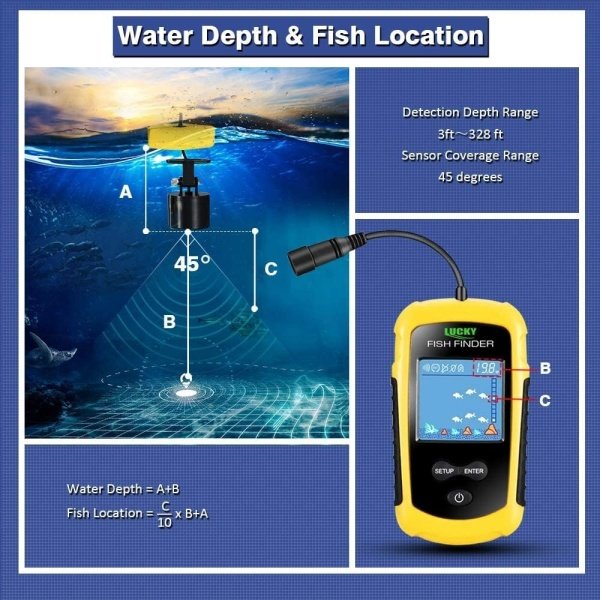 LUCKY Kayak Portable Fish Depth Finder Water Handheld Fish Finder Sonar Castable Kayak Boat Fishfinder Transducer Fishing LCD Display FFC1108 - Image 2