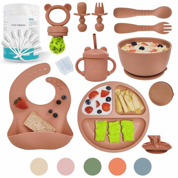 Suministros de destete LED para bebés, juego de alimentación de silicona para bebés, incluye ventosas y platos, utensilios para bebés, cucharas y tenedores, taza para niños pequeños, juego de - Imagen 23