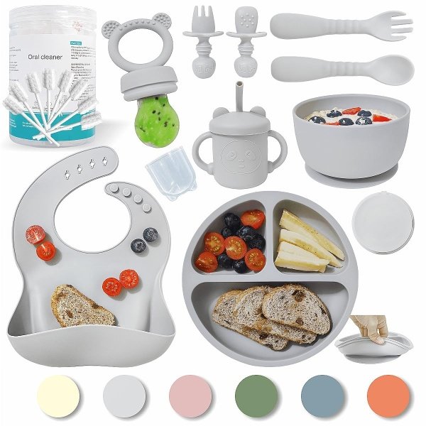 Suministros de destete LED para bebés, juego de alimentación de silicona para bebés, incluye ventosas y platos, utensilios para bebés, cucharas y tenedores, taza para niños pequeños, juego de - Imagen 27