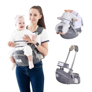 Asiento de cadera para bebé, taburete de cintura para bebé con correa ajustable, bolsillo con hebilla y bolsillo interior suave (gris oscuro)