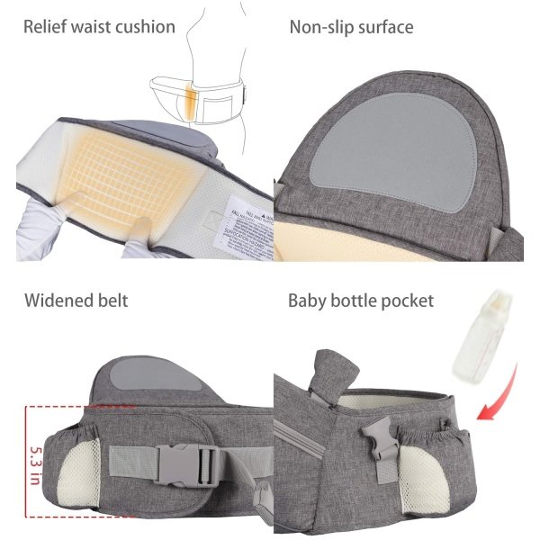 Asiento de cadera para bebé, taburete de cintura para bebé con correa ajustable, bolsillo con hebilla y bolsillo interior suave (gris oscuro) - Image 4