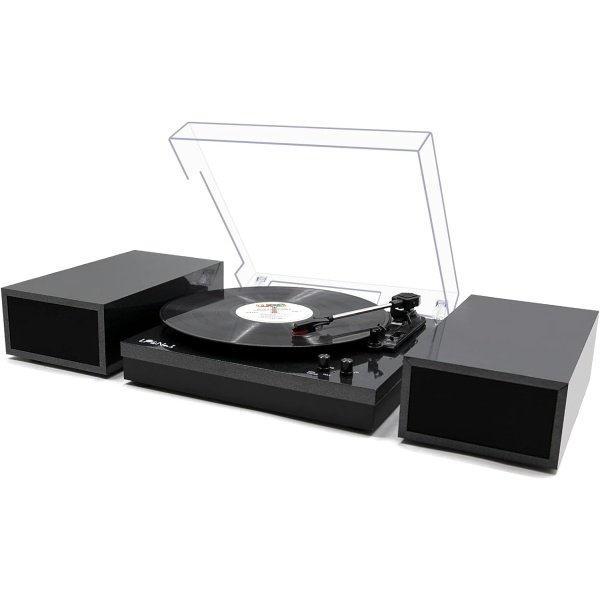 Reproductor de discos de vinilo, tocadiscos para vinilo con altavoces externos, perla negra