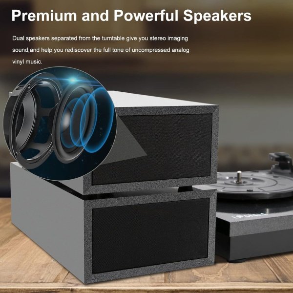 Reproductor de discos de vinilo, tocadiscos para vinilo con altavoces externos, perla negra - Imagen 2