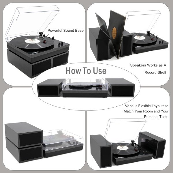 Reproductor de discos de vinilo, tocadiscos para vinilo con altavoces externos, perla negra - Imagen 3