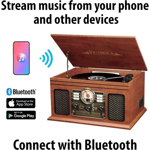 Victrola Nostálgico reproductor de discos Bluetooth 6 en 1 y centro multimedia con altavoces integrados, tocadiscos de 3 velocidades, reproductor de CD y cassette, radio FM, transmisión de música - Imagen 2