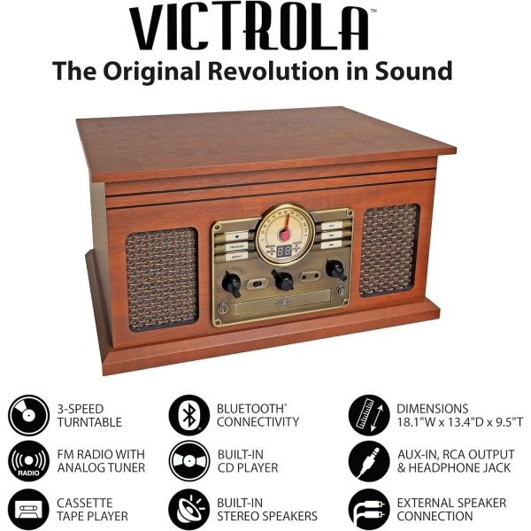 Victrola Nostálgico reproductor de discos Bluetooth 6 en 1 y centro multimedia con altavoces integrados, tocadiscos de 3 velocidades, reproductor de CD y cassette, radio FM, transmisión de música - Imagen 3