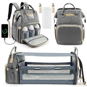 Mochila unisex para pañales, gris, gran capacidad, impermeable, correas acolchadas para el hombro, cremalleras reforzadas, 5 bolsillos con función aislante, adecuada para 0-24 meses