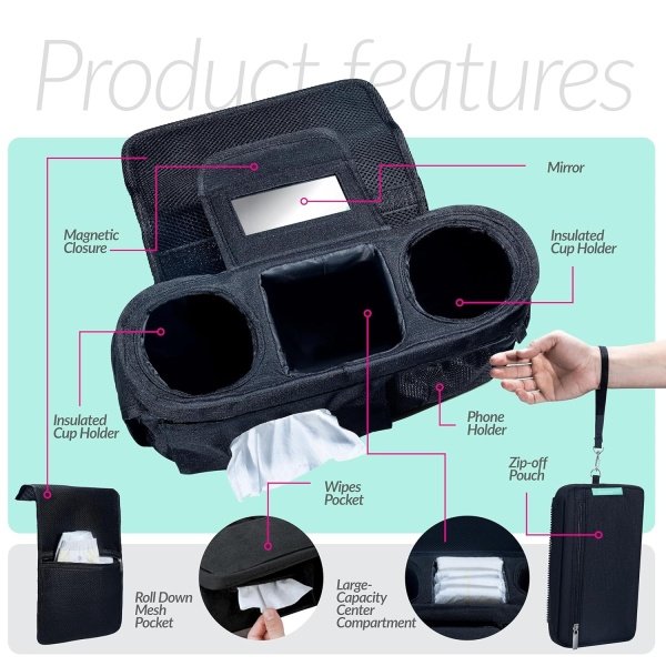 Organizador de cochecito con correas antideslizantes con soporte para tazas, bolsa de cochecito para teléfono, accesorios para cochecito de mascotas, universal se adapta a Uppababby Vista v2 - Imagen 2