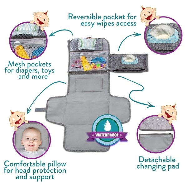 Kopi Baby - Cambiador portátil de pañales para niñas y niños recién nacidos, cambiador de bebé con bolsillo para toallitas inteligentes, kit de cambiador de viaje impermeable, regalo de bebé - Image 2