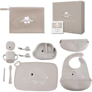 Juego de alimentación de babero de silicona para bebé, suministros de destete con tazón, cucharas, tenedores, plato con ventosa para niños pequeños (elefante)