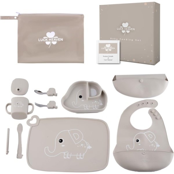 Juego de alimentación de babero de silicona para bebé, suministros de destete con tazón, cucharas, tenedores, plato con ventosa para niños pequeños (elefante)