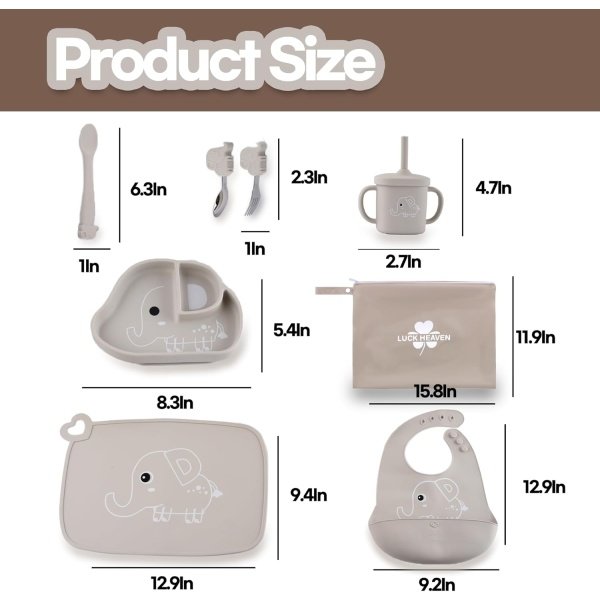 Juego de alimentación de babero de silicona para bebé, suministros de destete con tazón, cucharas, tenedores, plato con ventosa para niños pequeños (elefante) - Image 2