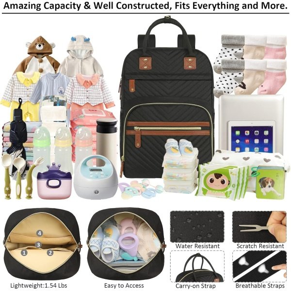 Bolsa de pañales para mujer, de gran capacidad, bolsa de bebé con bolsillos aislados, bolsas multifuncionales para pañales, Negro -, Mochilas Daypack - Image 3