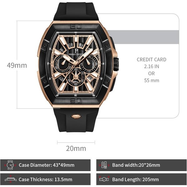 Paras Crown Relojes para hombre, Tonneau 5ATM, impermeable, de cuarzo, cronógrafo, analógico, de cuarzo, analógico, reloj de pulsera para hombre, caja de acero inoxidable - Image 3