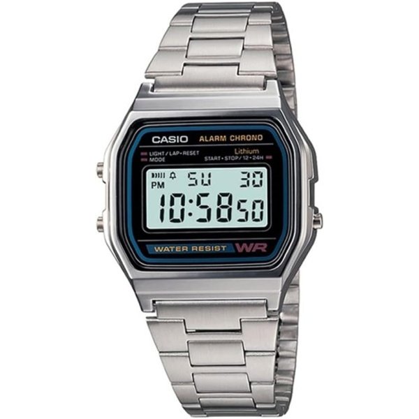 Casio Serie A158WA | Reloj digital unisex | Vintage | WR | Cronómetro 100 SEC | Alarma diaria | Mantenimiento de tiempo regular: hora, minuto, segundo, pm, fecha, día | Luz LED | Batería de 7 años