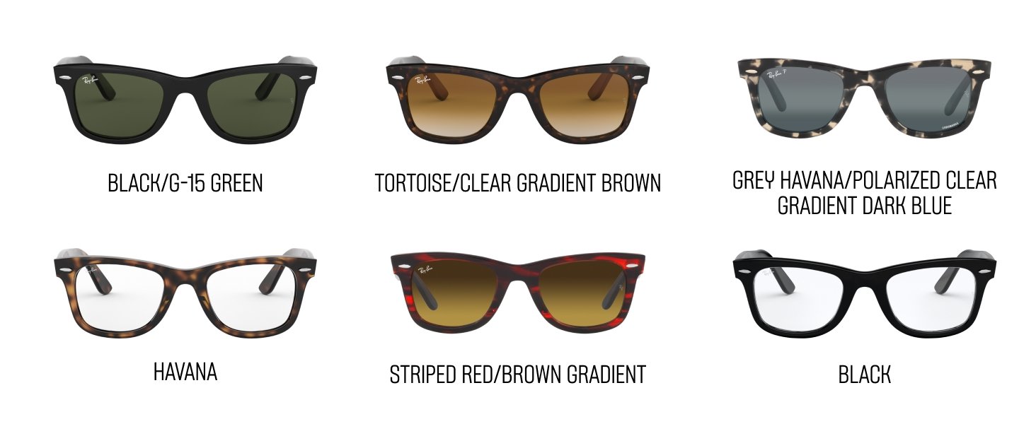 Ray-Ban Wayfarer assortment with lens types on white background 