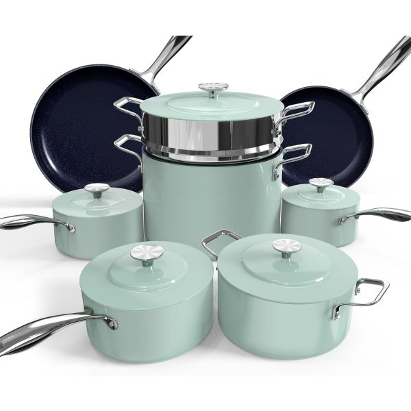 Nuwave Lux - Juego de utensilios de cocina ligeros forjados de 13 piezas, sin PFAS, revestimiento de cerámica saludable G10 Duralon, ultra antiadherente, asas que se mantienen frescas, funciona en