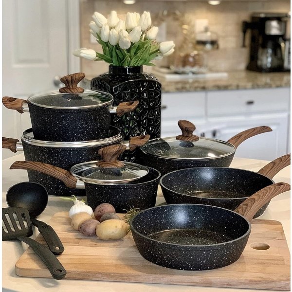 Kitchen Academy - Juego de utensilios de cocina de inducción, 12 piezas, juego de ollas y sartenes antiadherentes color negro granito