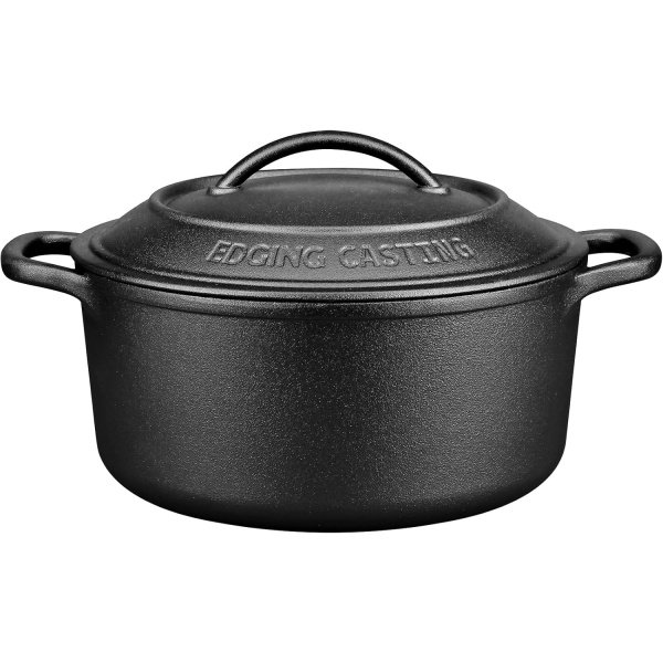 Olla holandesa de hierro fundido pre-sazonado con tapa de doble asa, redonda de 5 cuartos de galón, color negro