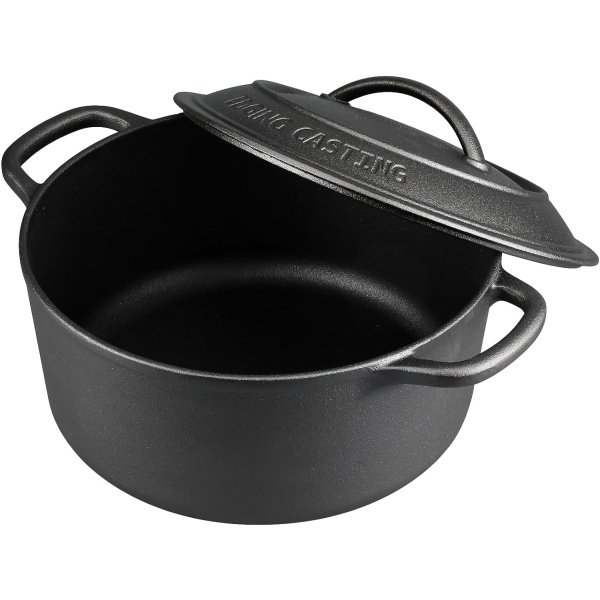 Olla holandesa de hierro fundido pre-sazonado con tapa de doble asa, redonda de 5 cuartos de galón, color negro - Image 3