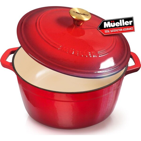 Mueller - Horno holandés de hierro fundido esmaltado de 6 cuartos de galón, cacerola resistente y sartén con tapa y perilla de acero inoxidable, seguro para todas las estufas