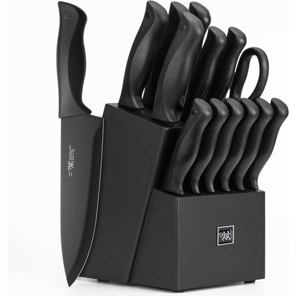 Juego de cuchillos de cocina con bloque, 15 piezas con bloque autoafilable, apto para lavavajillas, mango antideslizante, color negro