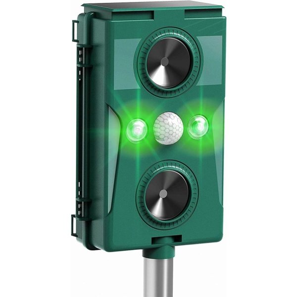 Repelente ultrasónico de plagas: sensor de movimiento, repelente de gatos al aire libre, repelente de animales ultrasónico, solar recargable, ondas ultrasónicas y sónicas, luz intermitente,