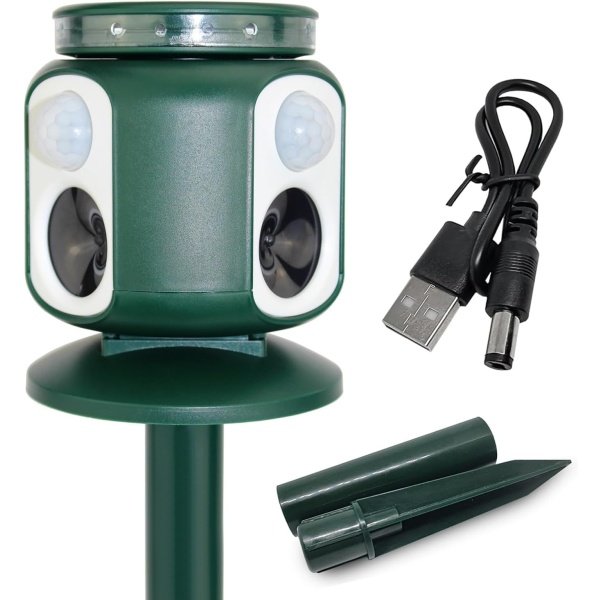 Repelente solar de animales, disuasorio activado por movimiento con 5 modos, sensores duales y luces LED, eficaz para pájaros, roedores y más con diseño resistente a la intemperie para