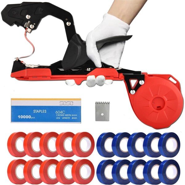 Suca Máquina de atar plantas, herramienta ligera de cinta para atar enredaderas rápidamente, pistola cónica para atar plantas con cintas y grapas, color rojo