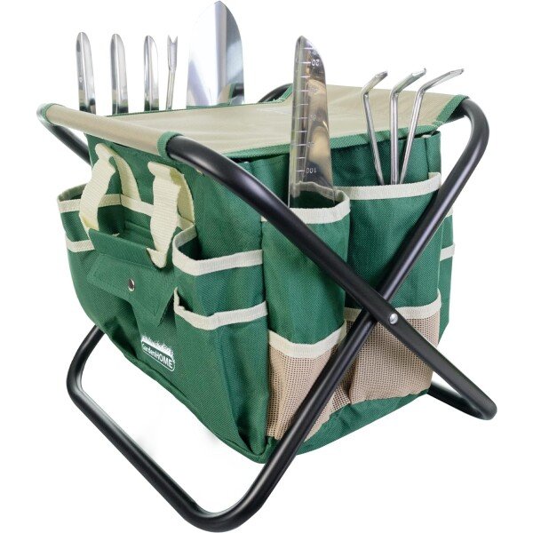 Juego de herramientas de jardín, juego de herramientas de acero inoxidable de 7 piezas, taburete plegable resistente, bolsa de lona desmontable, kit de herramientas de jardinería organizador