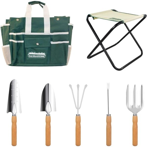 Juego de herramientas de jardín, juego de herramientas de acero inoxidable de 7 piezas, taburete plegable resistente, bolsa de lona desmontable, kit de herramientas de jardinería organizador - Imagen 2