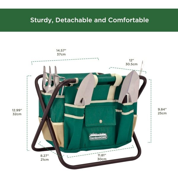 Juego de herramientas de jardín, juego de herramientas de acero inoxidable de 7 piezas, taburete plegable resistente, bolsa de lona desmontable, kit de herramientas de jardinería organizador - Imagen 3