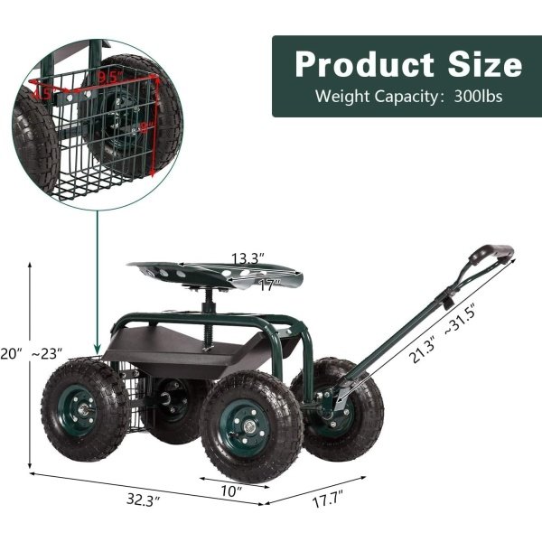 Peach Tree - Carrito de jardín, asiento de trabajo rodante con bandeja de herramientas, scooter resistente, plantación de jardinería - Image 2