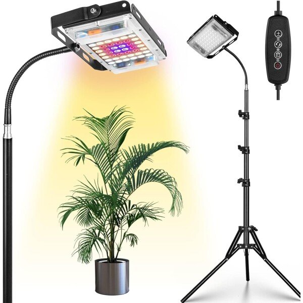 LBW Luz de cultivo con soporte, luz LED de espectro completo para plantas de interior, lámpara de cultivo de suelo con trípode ajustable de 63 pulgadas, temporizador de 4 horas, 8 horas/12 horas, 6