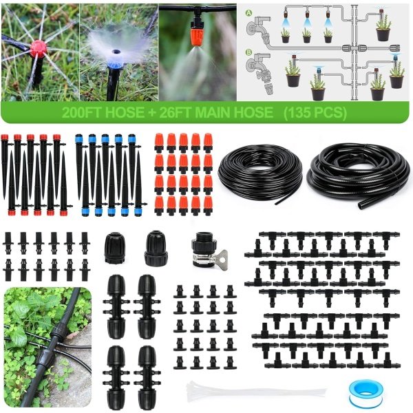 MIXC Kit de riego por goteo micro de invernadero de 226 pies, sistema de riego automático para plantas de nebulización de patio, con manguera de riego de 1/4 de pulgada y 1/2 pulgada, boquilla