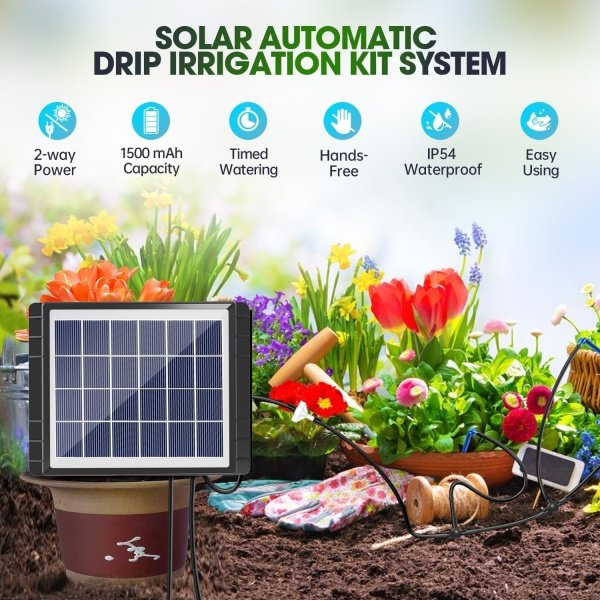 Drip Irrigation System - Skycow Solar Automatic Drip Irrigation Kit System 15 Potted Indoor Outdoor Garden Balcony Anti-Siphoning Plant Watering System 25 Timing Mode 1500mAh Battery 49FT - Imagen 2