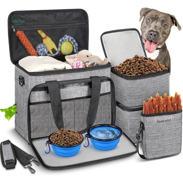 Juego de 6 bolsas de viaje para perros, kit de viaje grande para mascotas, incluye 2 contenedores de alimentos, 1 organizador de viaje para perros, 2 cuencos plegables, 1 bolsa de