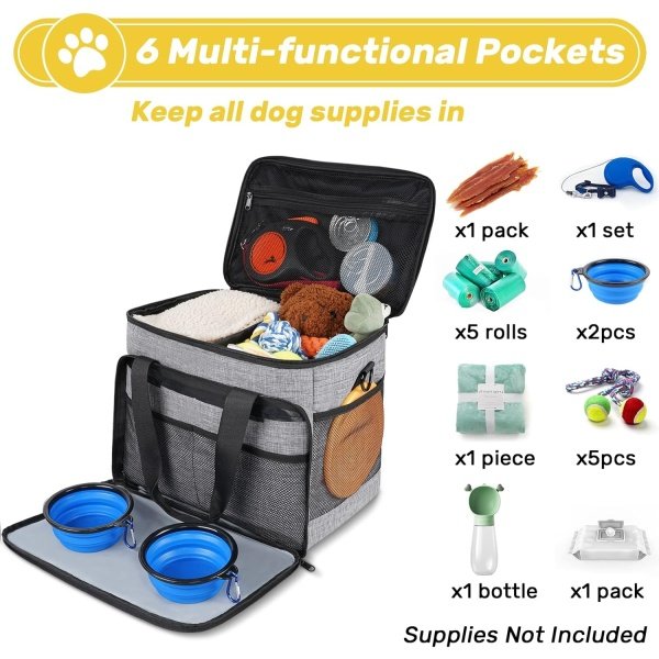 Juego de 6 bolsas de viaje para perros, kit de viaje grande para mascotas, incluye 2 contenedores de alimentos, 1 organizador de viaje para perros, 2 cuencos plegables, 1 bolsa de - Imagen 3