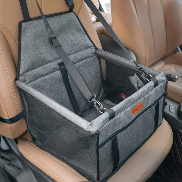 SWIHELP Asiento de coche para perro, asiento elevador portátil para mascotas con correa de seguridad con clip y marco de PVC, anticolapso, perfecto para mascotas pequeñas