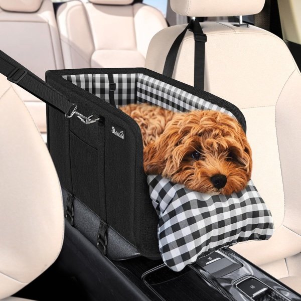 SlowTon Asiento de automóvil para perro de consola – Asiento elevador portátil para perros pequeños, asiento de automóvil para mascotas anticolapso con cinturón de seguridad de cojín suave, soporta